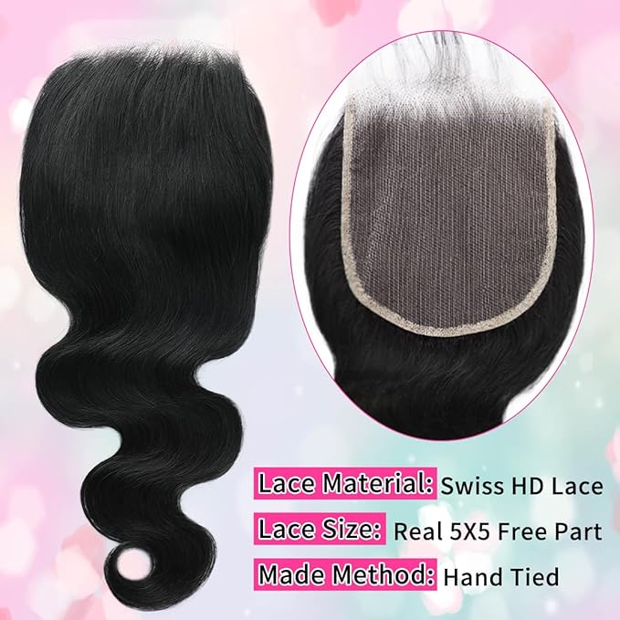 12A Bundles With Closure Human Hair 5x5 HD Lace Closure 28 30 32+20 Inch 100% Unprocessed Brazilian Virgin 3 Bundles with Closure Quick Weave Body Wave Bundles Natural Black