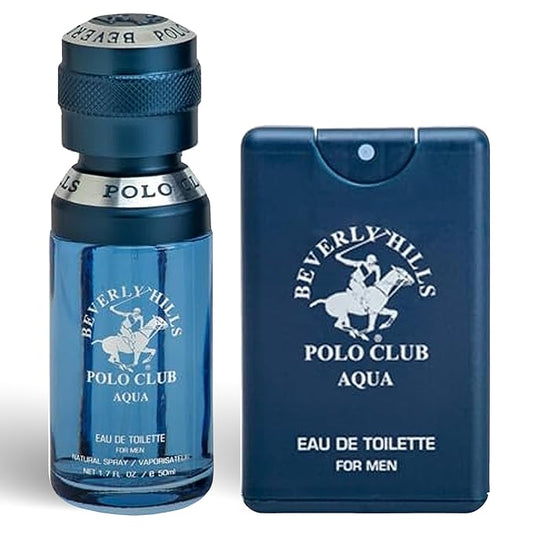 Beverly Hills Polo Club BHPC Men's Aqua Eau De Toilette Bonus Pack - 1.7oz EDT & Portable Travel Spray for Everyday Freshness