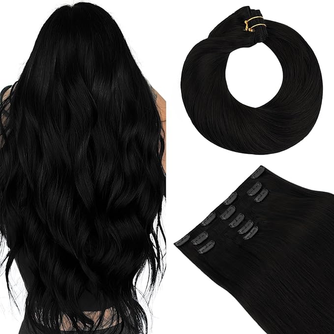 HOTBANANA Clip in Hair Extensions Real Human Hair, 5Pcs 60g 14 Inch Jet Black Straight Remy Clip in Extensions