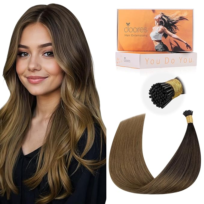 DOORES Real Human Hair Extensions I Tip Hair Extensions, Chocolate Dip Color Melt 50g/50s 20 Inch, I Tip Hair Extensions Human Hair Virgin Hair