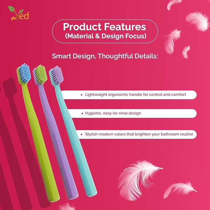 Ved ProCura Ultra Soft Toothbrush – Gentle Manual Toothbrush for Adults with 5,460 Super Soft Bristles for Sensitive Teeth and Gums (Purple+Cyan+Green)