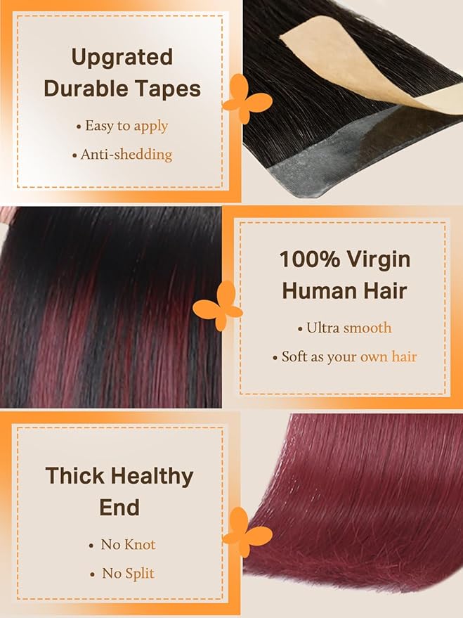 DOORES 20 Inch 20pcs Tape in Human Hair Extensions Ombre Jet Black to Red Real Natural Hair Extensions Tape in Remy Skin Weft Hair Extensions Straight 50g