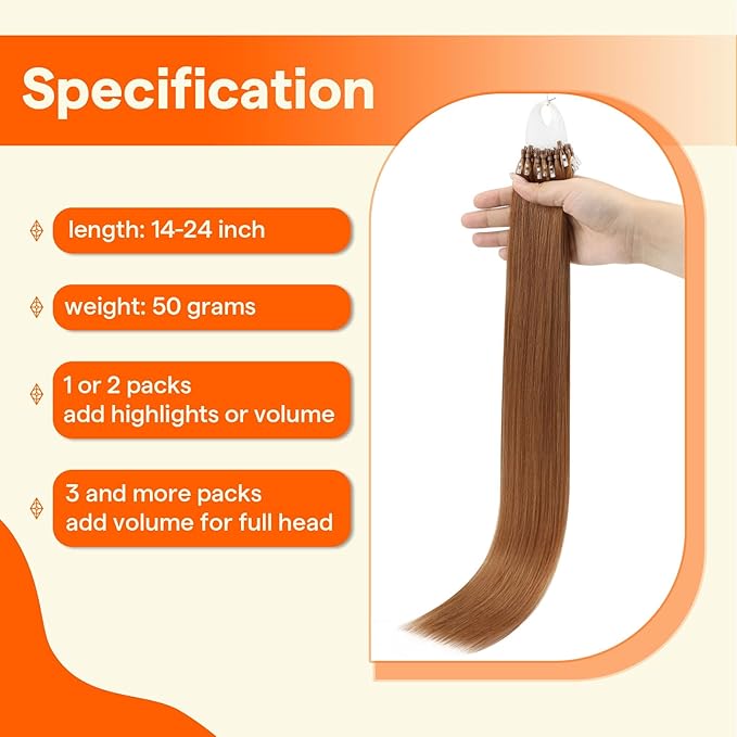 Full Shine Micro Link Hair Extensions Human Hair Color 330 Copper Brown Micro Beaded Hair Extensions Real Human Hair 14 Inch 50G with 7G Micro Beads Invisible Extensions Soft Remy Hair add Volume