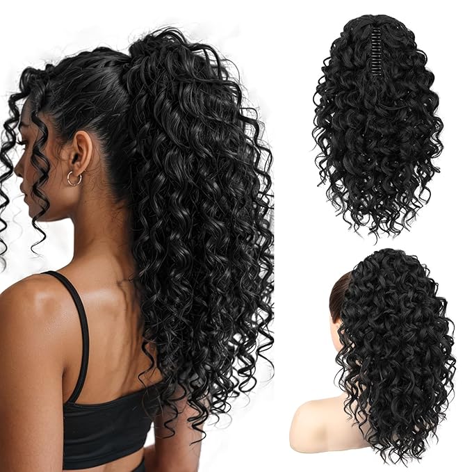 SEIKEA Ponytail Extension, 18" Claw Clip Ponytail Extension Wavy Curly Jaw Clip in Ponytail Hair Extensions Fluffy Natural Soft Fake Pony Tails Synthetic Hairpiece Black