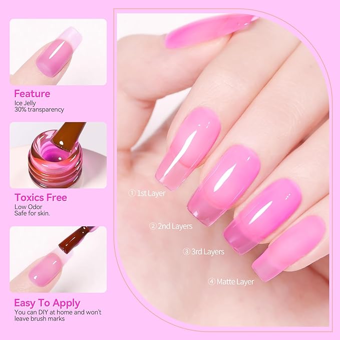 BORN PRETTY Ice Jelly Gel Nail Polish Jelly Halloween Hot Pink Gel Polish Sheer Transparent Hot Pink Natural Translucent Hema-Free Soak Off Gel Polish Nail Art DIY Christmas Gift 15ML