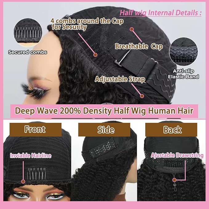 Deep Wave Human Hair Half Wig 200 Density Invisible Hairline 3 In 1 360 Drawstring Glueless Human Hair Wig Beginner Friendly Natural Color 18 Inch