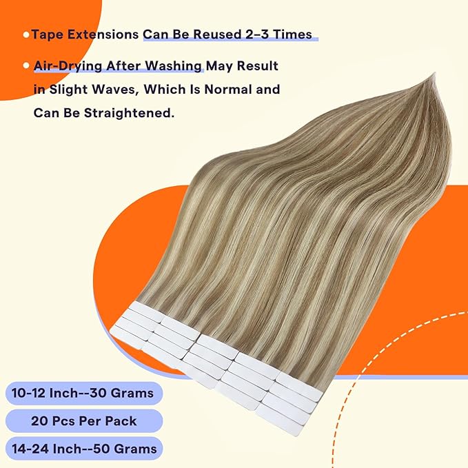 Full Shine Human Hair Extensions Tape in Color 16/22 Golden Blonde and Honey Blonde 22 Inch Seamless Skin Weft Tape in Extensions Human Hair 40PCS Natural Remy Extensions for Women Real Hair 100g