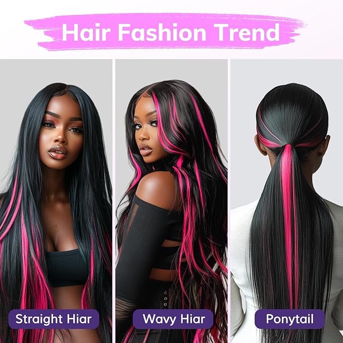 IDN BEAUTY Seamless Clip In Hair Extensions Human Hair, 22 Inch 40g 6Pcs Hot Pink Straight Real Virgin Human Hair Seamless Clip Ins For Black Women PU Weft Invisible Edge