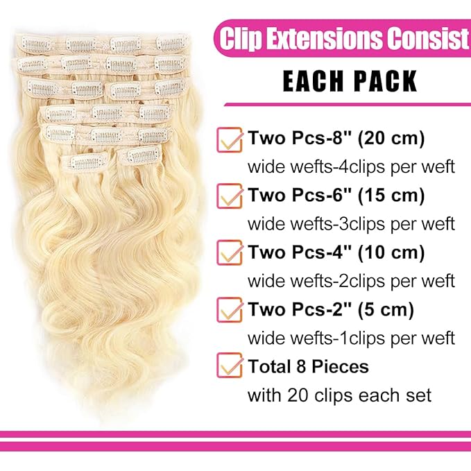 24 Inch Blonde Clip in Extensions 8Pcs 110g Clip in Hair Extensions Real Human Hair Body Wave 613 Blonde Clip ins Brazilian Remy Human Hair Extensions for Women Double Weft