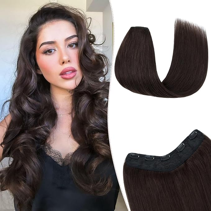 One Pieces Clip in Hair Extensions Human Hair Upgraded V-Shaped 5 Clips in Hair Extensions Human Hair Long One Piece Hairpiece for Women,16 Inch,#02 Dark Brown,65g
