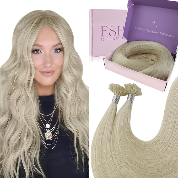 Fshine K Tip Hair Extensions Human Hair 16 Inch White Blonde Keratin Bonded Remy Human Hair Extensions Occasional Wear Thicker Hair 50g/50strands