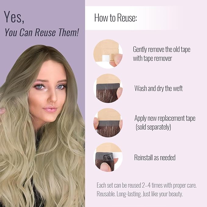 Fshine Tape in Human Hair Ombre 18 Inch Ash Brown Fading to Platinum Blonde Tape in Human Hair Extensions 20pcs 50g Straight Natural Silky Remy Hair Straight Hair Extensions for Women