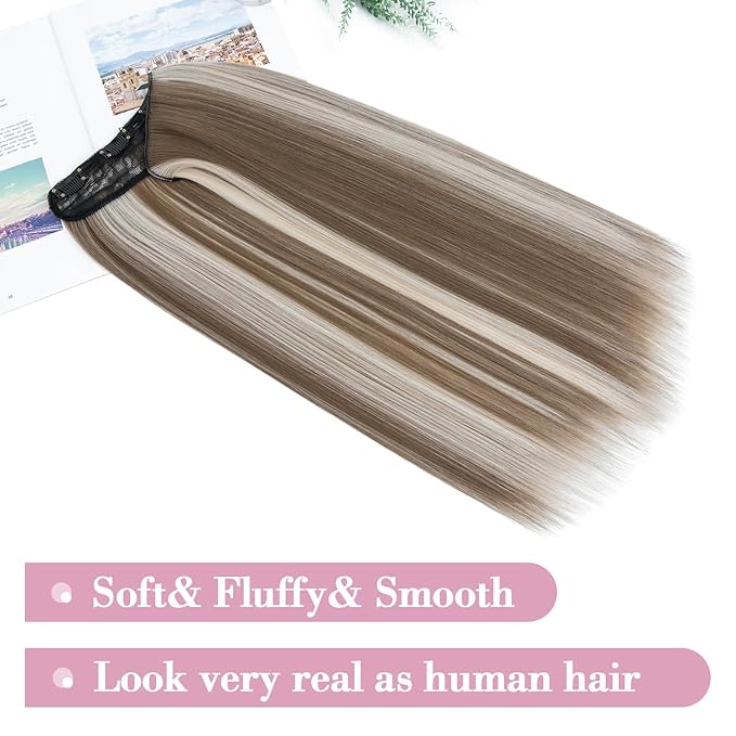 S-noilite One Piece Clip in Hair Extensions Balayage 18 Inch U-Shaped One Piece Weft Hair Extensions with 5 Clips Synthetic 3/4 Full Head Long Straight Clip in Hairpieces for Women,#18TP60A