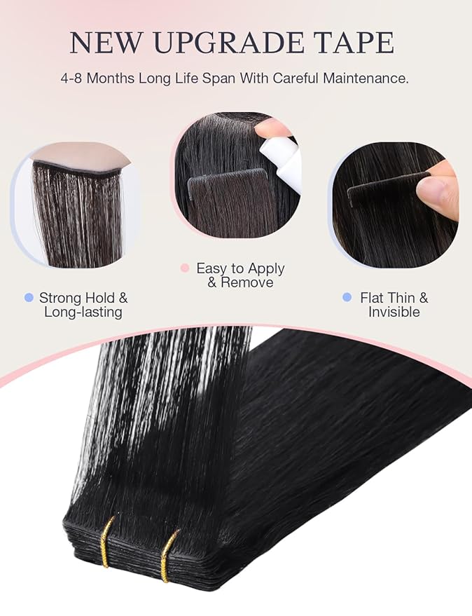 DOORES Seamless Human Hair Extensions Tape in Invisi Edge, Jet Black 10 Injection Tape-ins with 10 Classic Tape-ins 50g 20 Inch, Injection Tape in Extensions Virgin Human Hair