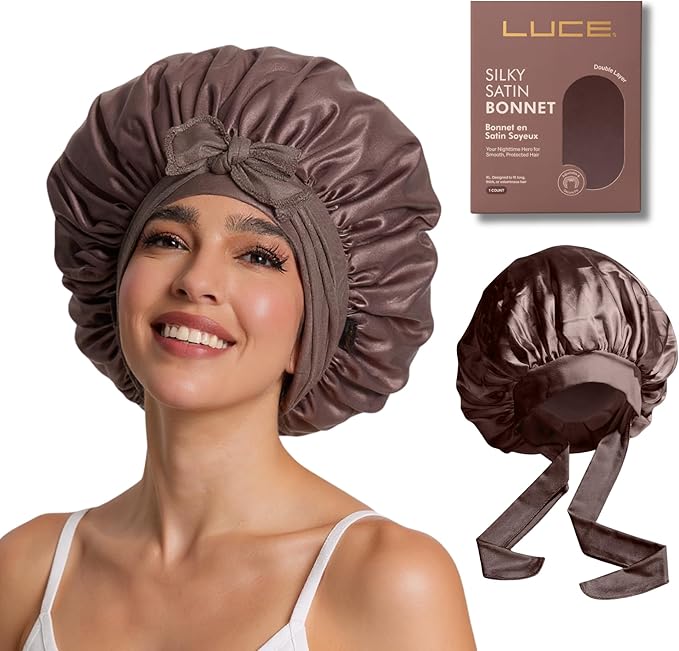 LUCE Satin Bonnet for Sleeping – Adjustable Double Layer Hair Cap for Women, Prevents Frizz & Breakage, Comfortable Night Cap