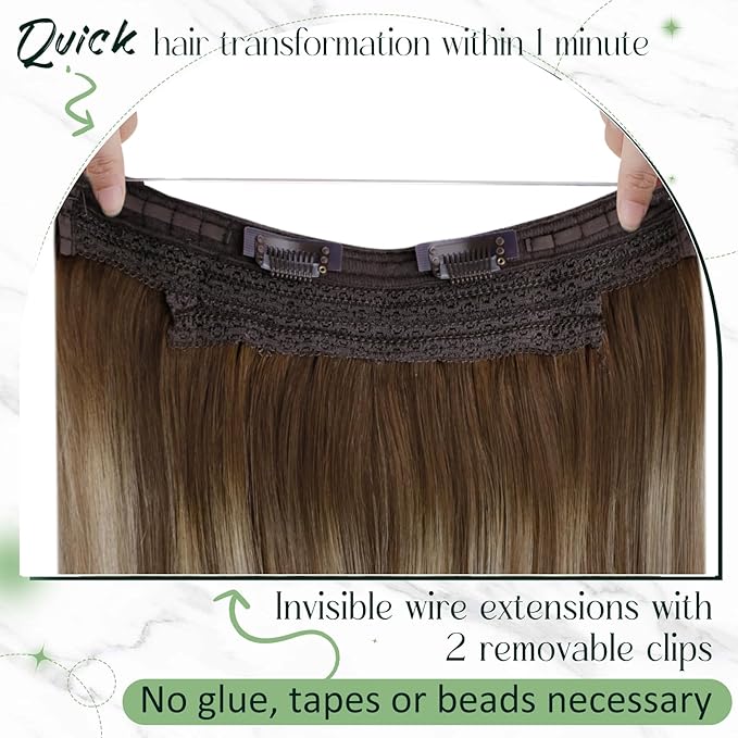 RUNATURE Invisible Wire Hair Extensions Real Human Hair Brown Balayage, 16 Inch 80g One Piece，Soft Natural Looking for Dating, Easy to Install #3/8/22 Walnut Brown to Light Brown with Blonde