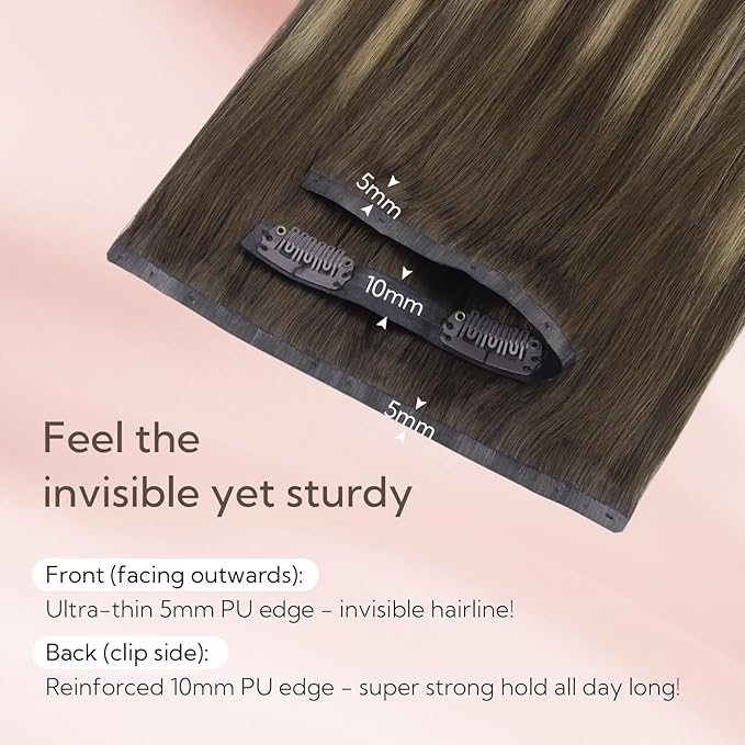 HOTBANANA Seamless Clip in Hair Extensions, 22 Inch 110g 7pcs Chocolate Brown with Honey Blonde Invisible PU Skin Weft Straight Remy Human Hair Extensions