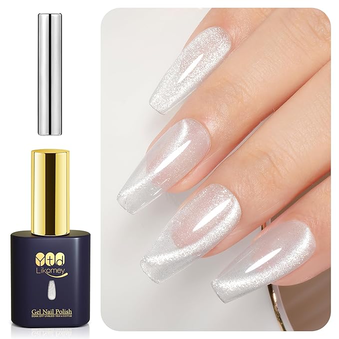 YTD Likomey Cat Eye Gel Nail Polish,Crystal 15ml Bright Silver Magnetic Shimmer Shimmer Glitter Translucent Shiny Fall Winter Salon Home UV Nail Varnish with Magnet Stick,HEMA Free TPO Free,MY518