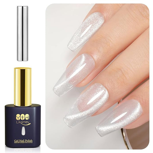 YTD Likomey Cat Eye Gel Nail Polish,Crystal 15ml Bright Silver Magnetic Shimmer Shimmer Glitter Translucent Shiny Fall Winter Salon Home UV Nail Varnish with Magnet Stick,HEMA Free TPO Free,MY518