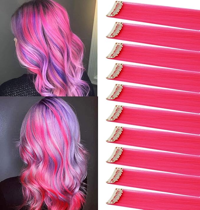 10PCS 20 inch Colorful Party Highlights Hair Extensions Clip in Pink Hair Extensions Straight Synthetic Hairpieces for Women Kids Girls Hair Accessories (Pink)