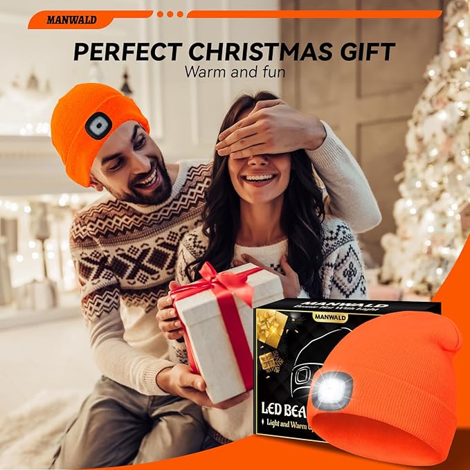 LED Beanie Hat with Light, USB Rechargeable LED Headlamp, Christmas Stocking Stuffers for Men Adults, Gifts for Men Him Husband, Boyfriend, Orange