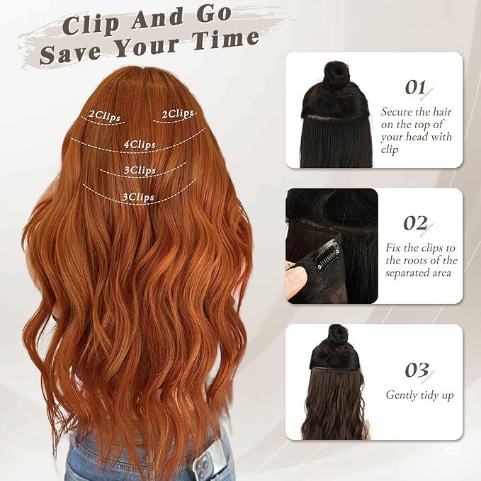 BARSDAR Ginger Copper Clip in Hair Extensions - 20 Inch 5PCs Full Head Wavy Clip in Hair Extensions for Women - Voluminous Thick Soft Synthetic Hairpieces Daily Party Halloween- Ginger Copper