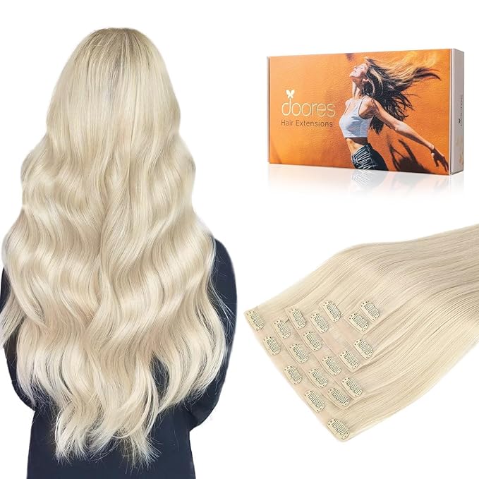 DOORES Hair Extensions Real Human Hair, Platinum Blonde 14 Inch 7pcs 110g, Seamless Clip in Hair Extensions Human Hair Extensions Remy Straight Hair Extensions Clip Invisi Edge Hair Extensions