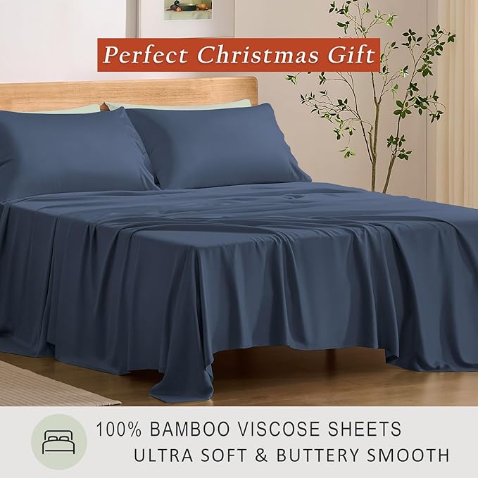 TOSMO Luxury Cooling Sheet Set - 100% Viscose from Bamboo, 4-Piece Bedding Set (King Size) - 18” Extra Deep Pockets, Oeko-Tex Certified, Silky Soft and Breathable, Slate