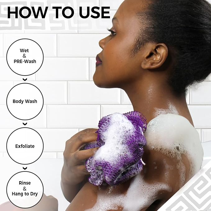 Authentic African Net Sponge with Knots - 2 Pieces Exfoliating Body Sponge Purple & Green - Back Scrubber Shower Exfoliator for Women Personal Care - Shower Scrub for Body Wash Bathing Accessories