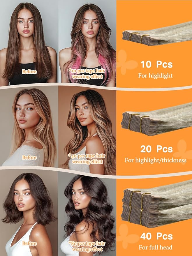 DOORES Tape in Human Hair Extensions, Ash Blonde Highlighted Platinum Blonde 24 Inch 50g 20pcs, Real Human Hair Extensions Tape in Long Hair Extensions Straight Remy Hair