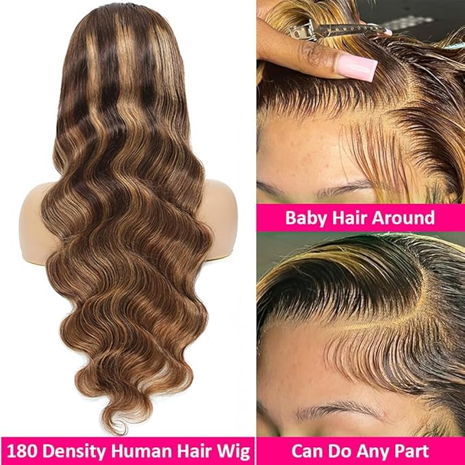 Pizazz 13x4 Ombre Highlight Lace Front Wigs Human Hair with Baby Hair 180 Density 4/27 Honey Blonde Body Wave Frontal Wigs Human Hair 26 Inch