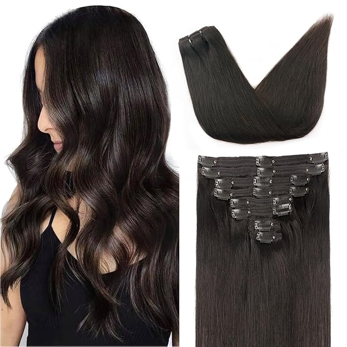 Straight Clip In Hair Extensions Real Human Hair 8Pcs Clip In Dark Brown Human Hair Extensions with 18Clips Lace Weft 120g 20inch