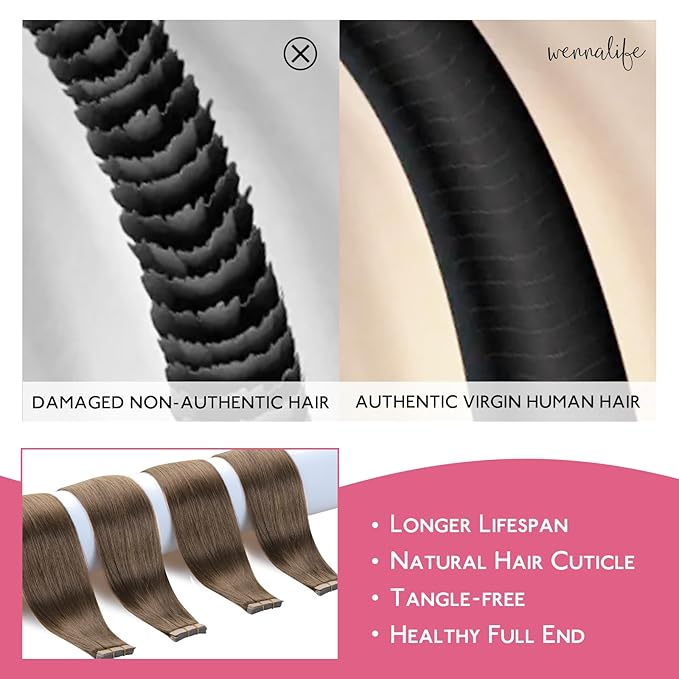 WENNALIFE Tape in Hair Extensions Human Hair Light Ash Brown Tape in Extensions, 10pcs 20g 12 inch Remy Invisible Tape Ins Straight Colored Soft Real Human Hair Tape in Extensions Refill Set