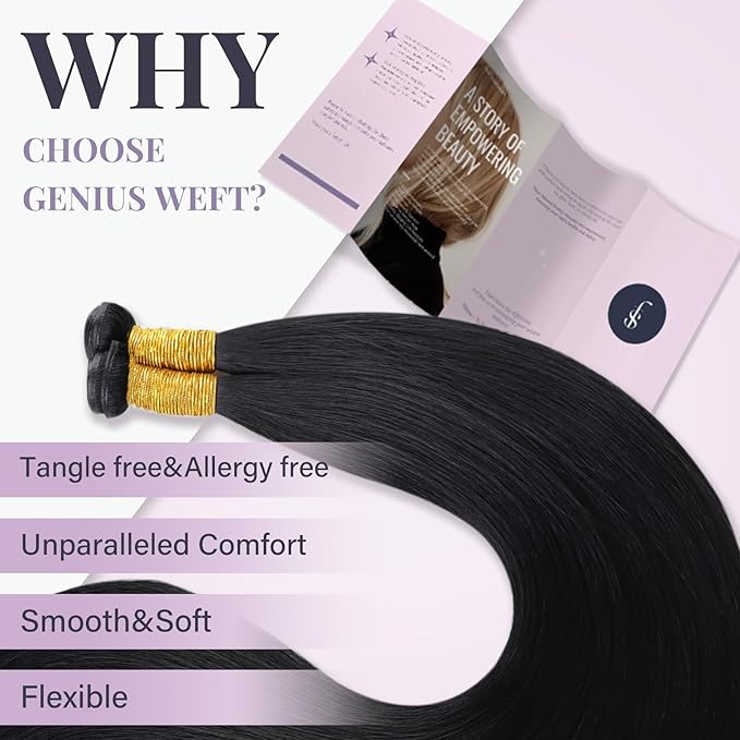 Fshine Genius Weft Real Human Hair Extensions Jet Black Sew in Human Extensions 18 Inch 50g Natural Genius Weft Hair Bundle One Piece