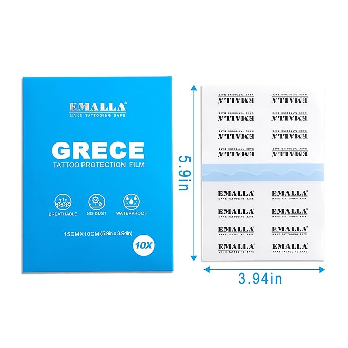 Emalla GRECE Tattoo Aftercare Bandage, 10 Pack Waterproof Second Skin Tattoo Cover Up Tape Patch 6" x 4" Flexible Tattoo Bandage for Healing Skin 0.02mm Tattoo Protection Film Tattoo Supplies