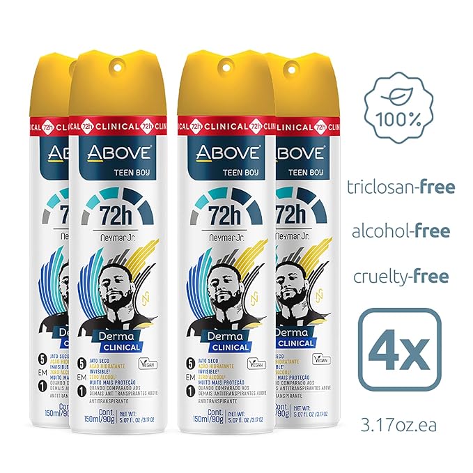 ABOVE Neymar Jr Teen Boy - 72H Antiperspirant Spray Deodorant for Men 5.07 Fl Oz(4 Pack) | Aluminum-Free | Fresh Mist, No Stain & Alcohol, Long-Lasting Men's Deodorant Spray | Lemon, Cedar, Jasmine