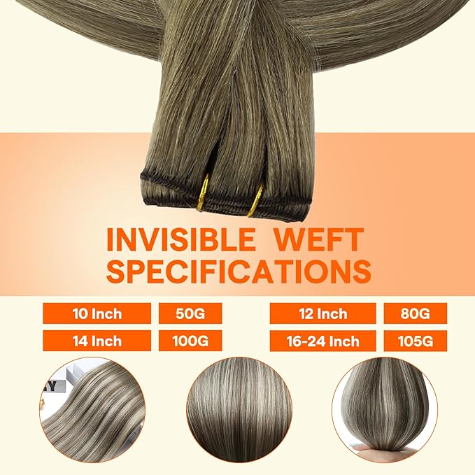 Full Shine Weft Hair Extensions Remy Straight Hair Weft Color 7/7/800 Ash Brown To Blonde Mix Brown Extensions For Women Machine Tied Sew In Real Hair 16 Inch 105G