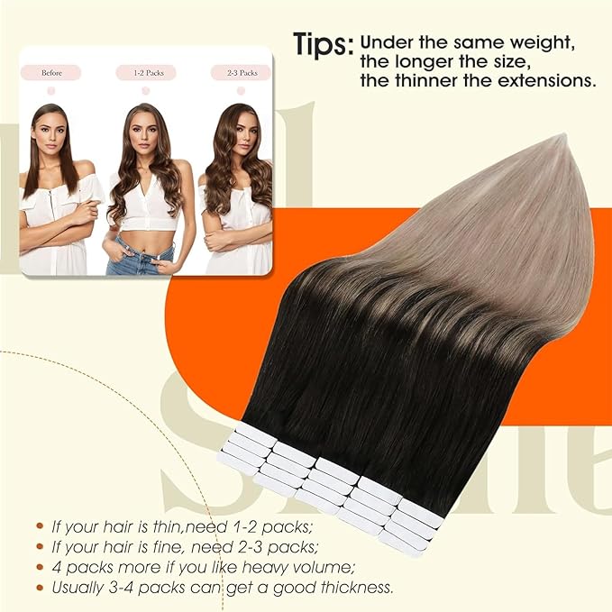 Full Shine Tape in Hair Extensions Color 1B/18 Ombre Black To Blonde Double Sided Tapes Hair Extensions 20Pcs 50G Remy Tape in Extensions Human Hair 14Inch Straight Skin Weft Hair Extension for Women