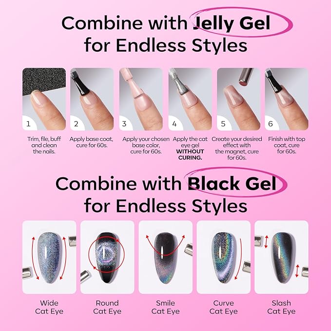 modelones Cat Eye Gel Nail Polish Pink Glitter Holographic Hot Pink Cat Eye Neon Shimmer Reflective Translucent U v Gel Magnetic Nail Polish Top Coat for Women Girl 15ML