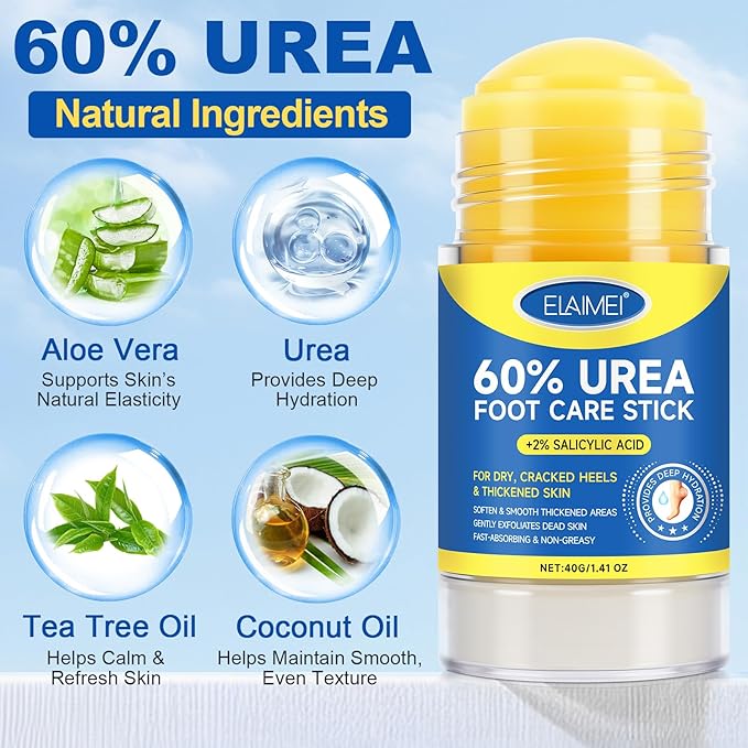 Urea Cream Stick 60% Plus 2% Salicylic Acid, Extra Strength Urea Foot Cream for Dry Cracked Heels, Callus Remover for Feet,Moisturizing Lotion for Hands, Knees,Elbows,Softens and Exfoliates Dead Skin