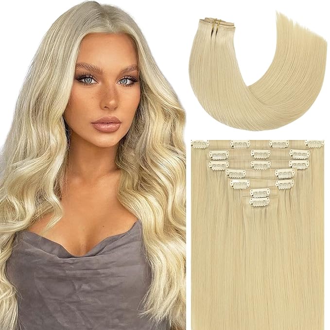 Caliee 18 Inch Seamless Clip in Hair Extensions Human Hair Color Bleach Blonde Hair Extensions Invisi-PU Weft Clip on Real Remy Hair Natural Straight Hair 110 G 7 Pcs