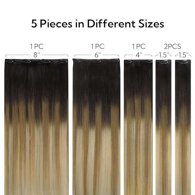 HOTBANANA Clip in Hair Extensions Real Human Hair, 5Pcs 80g 22 Inch Dark Brown to Chestnut Brown and Dirty Blonde Highlighted Straight Remy Clip in Extensions