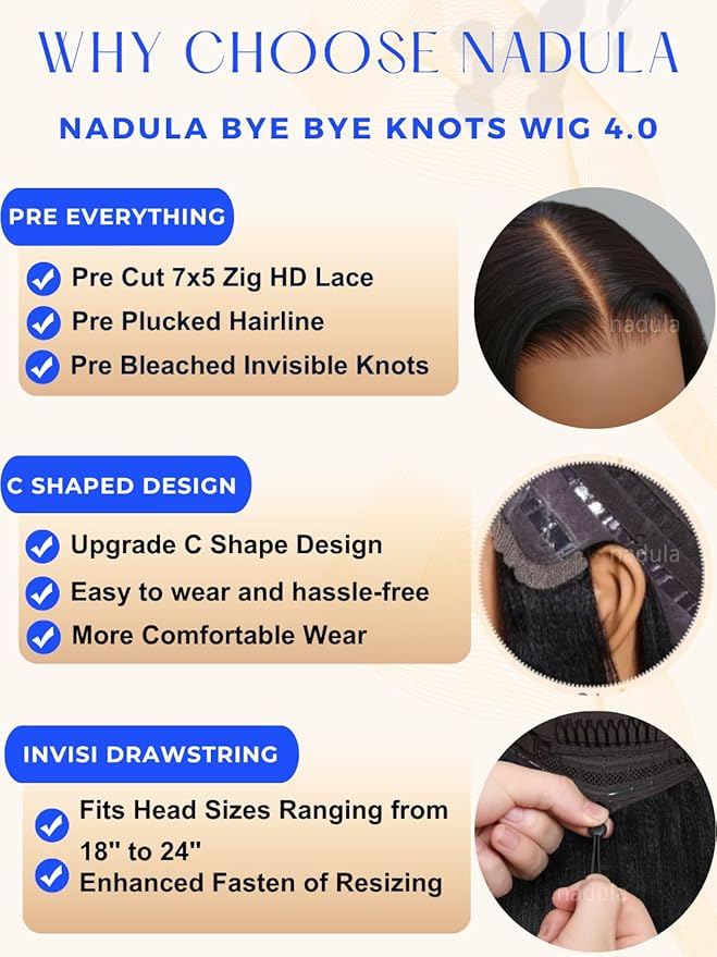 Nadula Chestnut Brown Ombre Yaki Straight Bye Bye Knots Glueless Wig Human Hair with Elastic Drawstring, Highlight Pre Cut 7x5 Invisible Knots HD Lace Front Wigs,Pre Everything Light Yaki Wig 18inch
