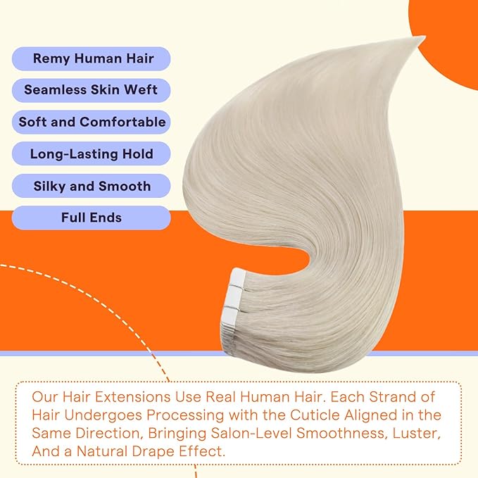 Full Shine Tape in Extensions Human Hair 16 Inch Color 1000 Blonde Seamless Remy Hair Extensions Tape Ins 20 Pieces 50 Grams Straight Human Hair Tape In Extensions for Women