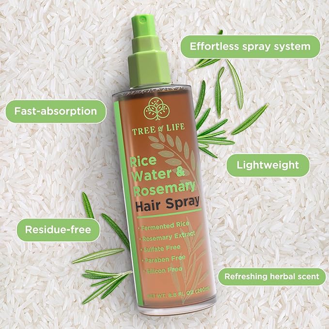 Tree of Life Beauty Rice Water Hair Spray Rosemary Water Spray for Hair Growth (8.8 fl oz) - Hair Thickening Fermented Rice, Caffeine, Rosemary Extract, Biotin, Keratin and Castor Oil Scalp Care