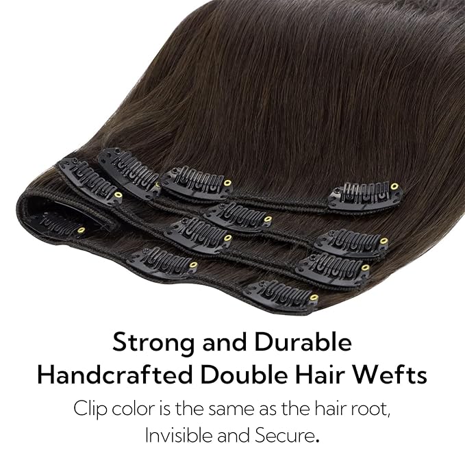 HOTBANANA Clip in Hair Extensions Real Human Hair, 150g 9pcs 24 inch Dark Brown Straight Remy Clip in Extensions Full Head for Women
