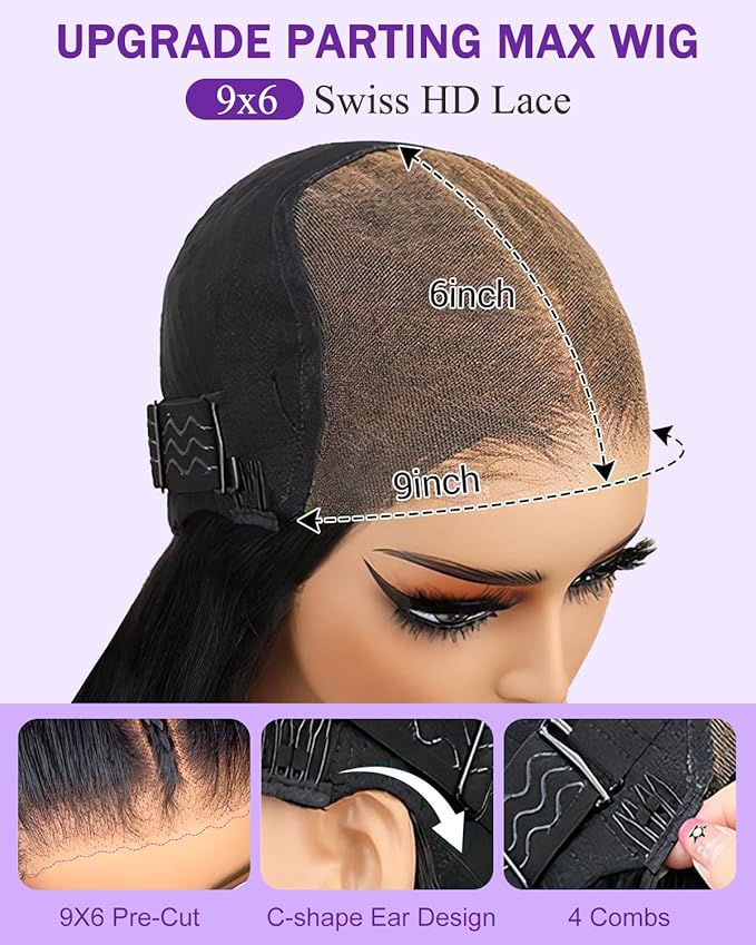 9x6 SKINLIKE Real HD Lace Closure Wig, Body Wave 180% Density 0.10mm Ultra-thin Swiss Lace Pre-plucked Bleached Small Knots With Baby Hair Glueless wigs Human Hair 22 Inch