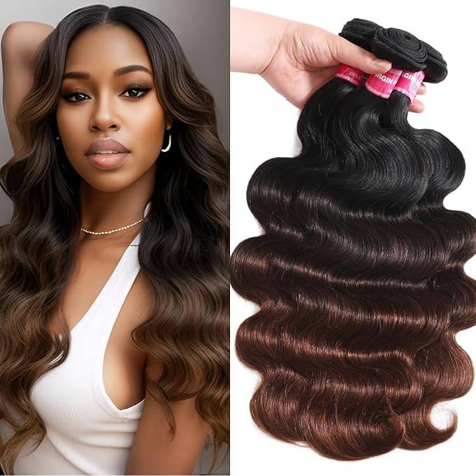 UNICE Chestnut Brown Ombre Body Wave Human Hair Weave 3 Bundles 14 14 14 inch Brazilian Remy Human Hair Wavy Sew in Human Hair Extensions