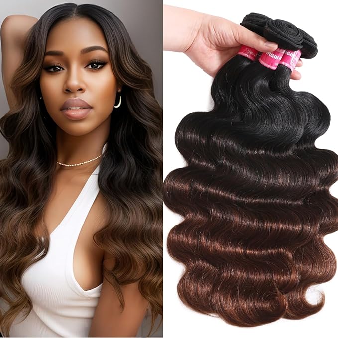 UNICE Chestnut Brown Ombre Body Wave Human Hair Weave 3 Bundles 14 16 18 inch Brazilian Remy Human Hair Wavy Sew in Human Hair Extensions