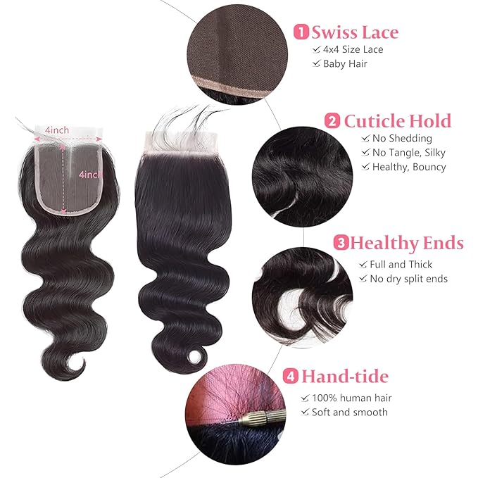 4x4 Lace Closure Human Hair Body Wave Transparent Lace Closure Free Part 100% Unprocessed Brazilian Human Hair Closure 150% Density Pre Plucked With Baby Hair Natural Black Color 16 Inch